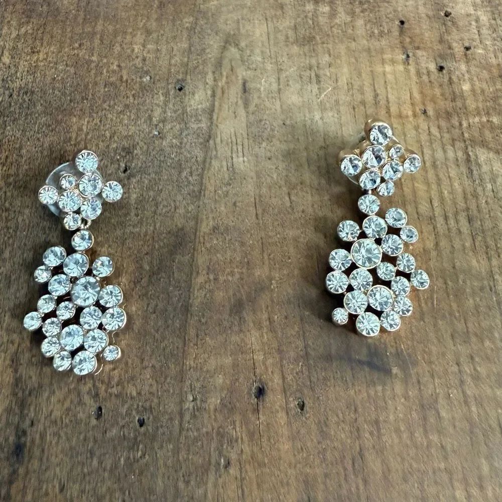 Rhinestone Statement Drop Pierced Earrings Gold Tone Pierced
